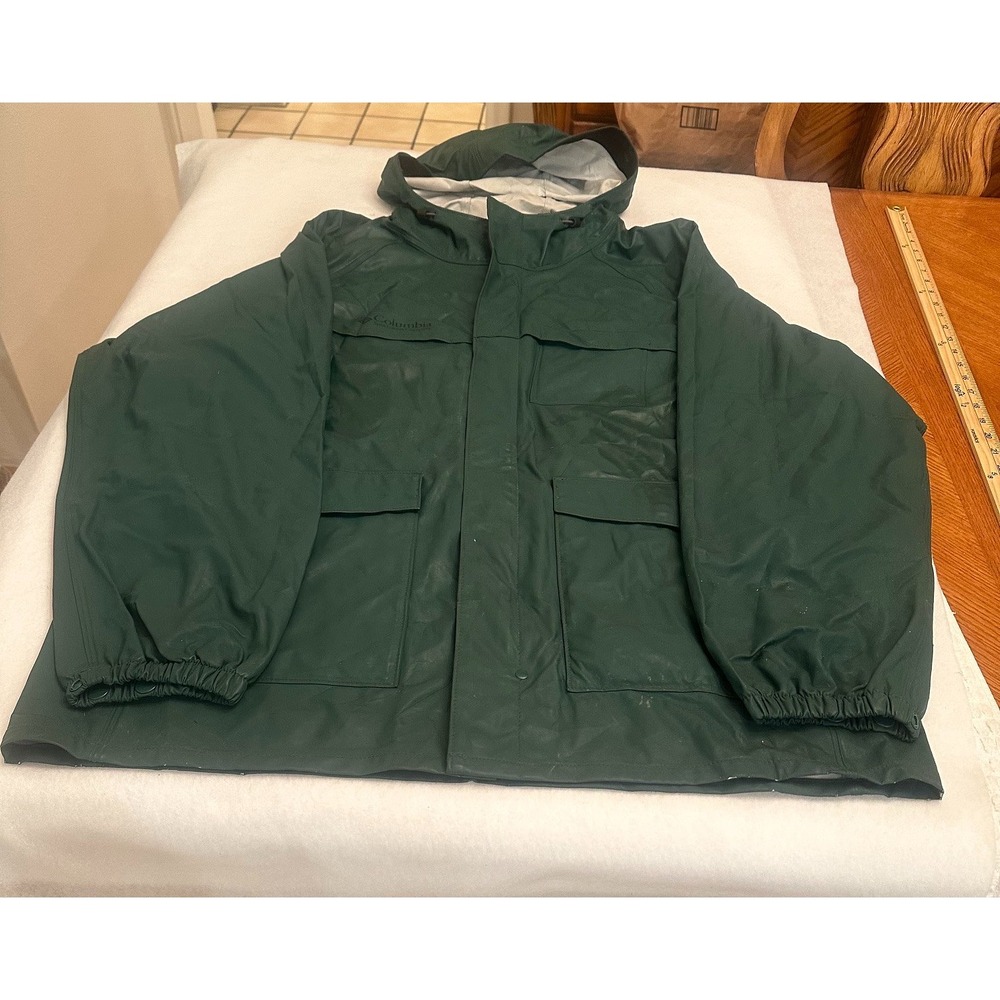 VTG Columbia Rain Jacket Mens L Green Hooded Waterproof Coat Pockets Outdoor